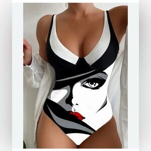 Stylish Retri Black and White Graphic One-Piece Swimsuit